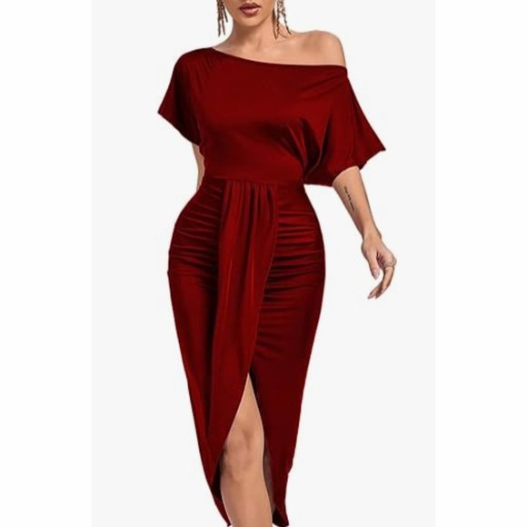 Lyaner Dresses & Skirts - One Off The Shoulder Ruched Wrap Front Split Hem Draped Midi Dress Size Large